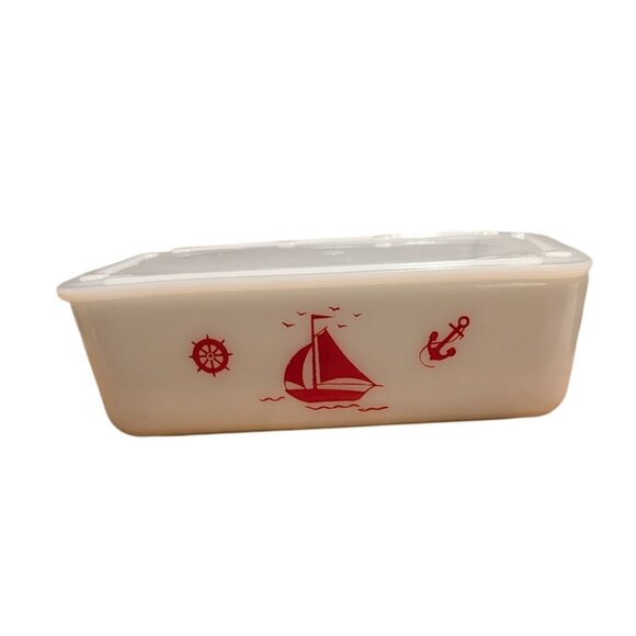 Vintage McKee Milk Glass Sailboat Design Rectangular Container Lid Ships red - Picture 14 of 16